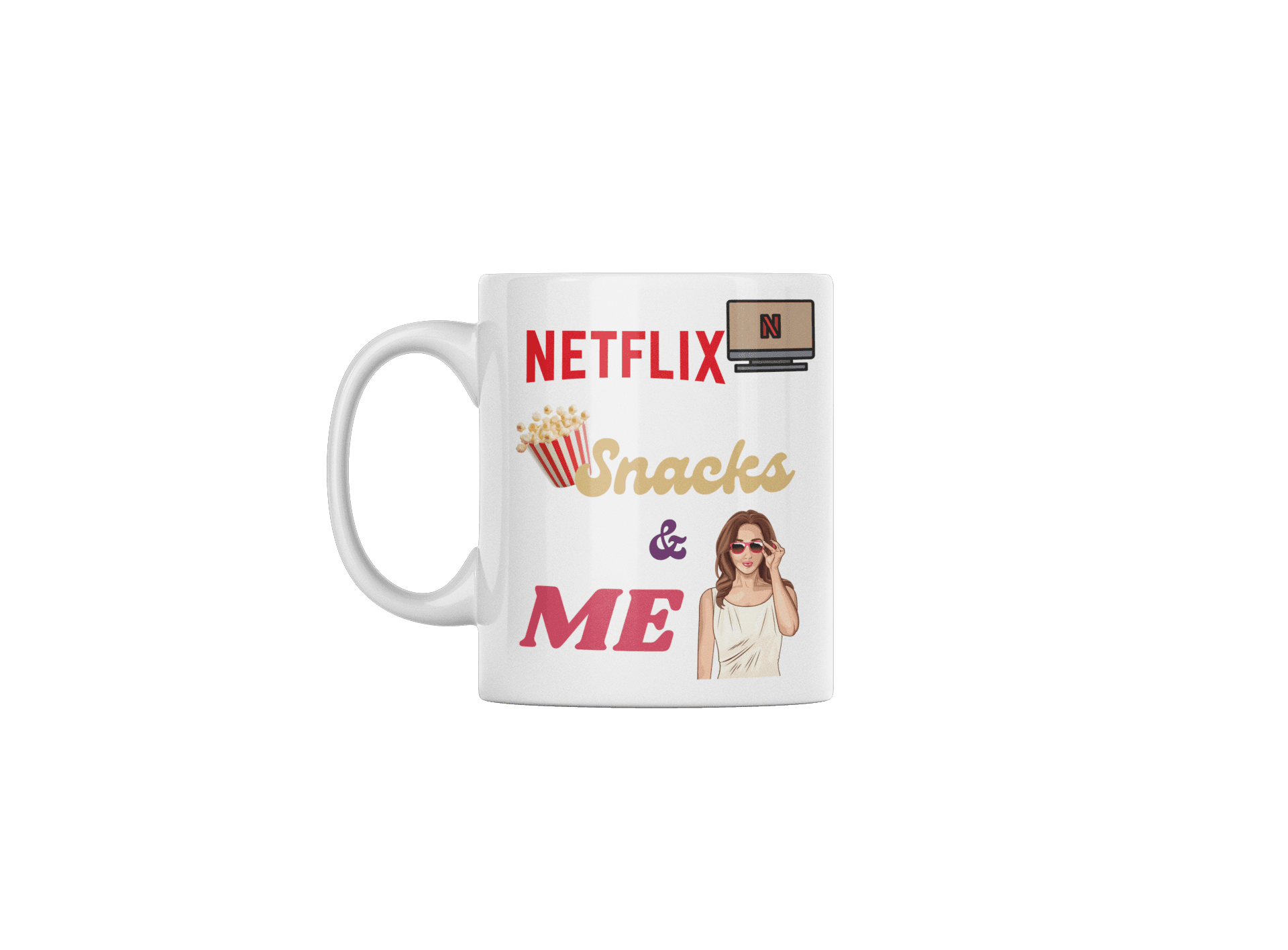 Netflix Snacks & Me - 11 oz White Ceramic Mug for Valentines Day - Grace Customs